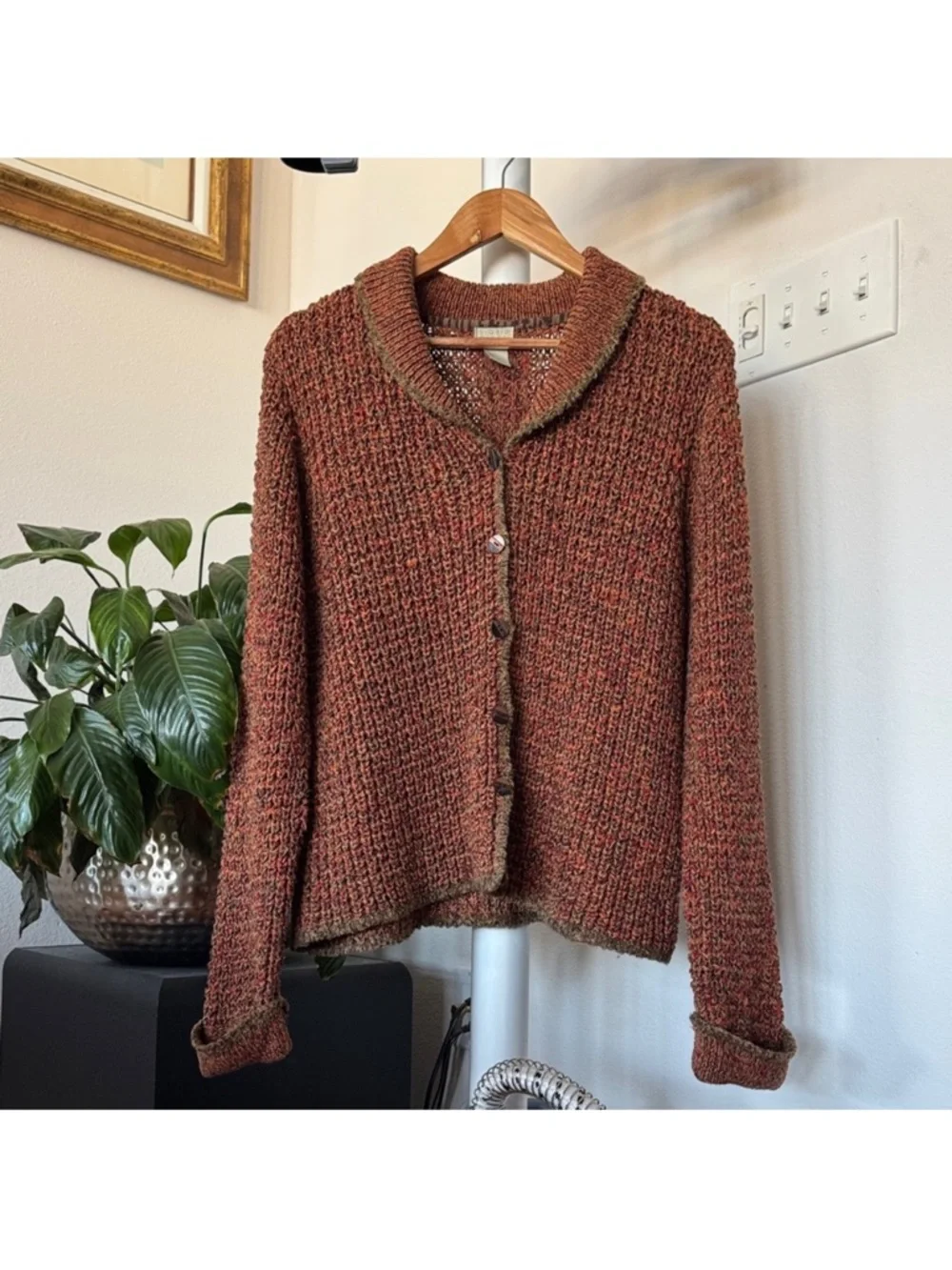 Sigrid Olsen Open Knit Button Front Sweater Cardigan Sz L Brown Orange Collared - Picture 1 of 9